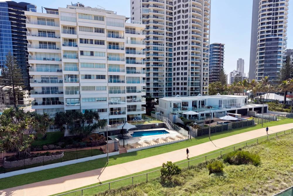Aerial view of the southern toe of Surfers Paradise with the building visible