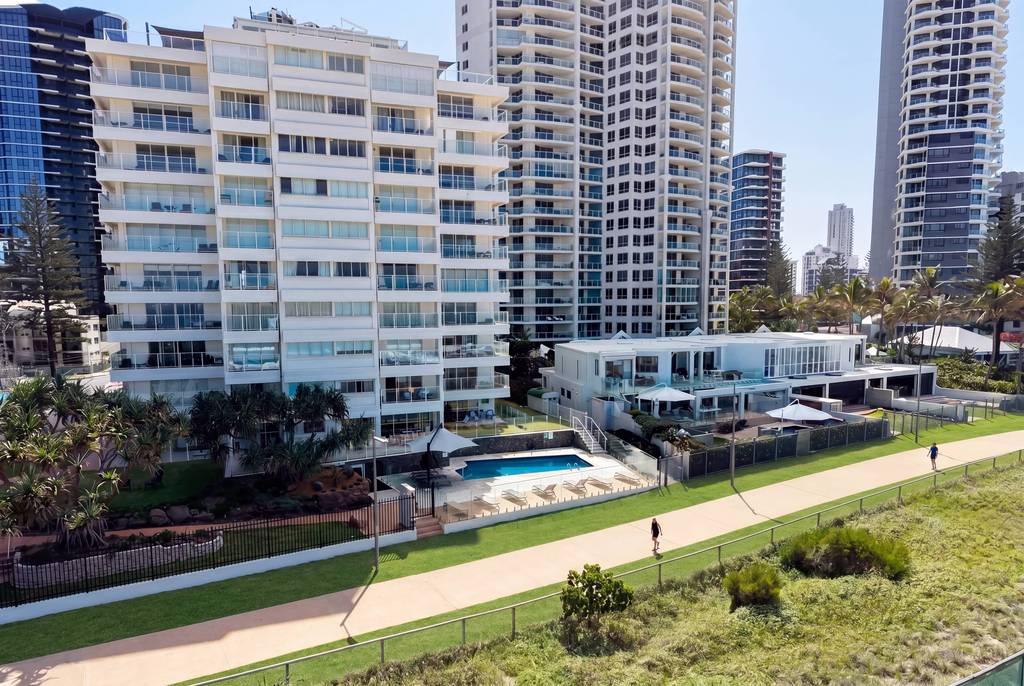 Aerial view of the southern toe of Surfers Paradise with the building visible