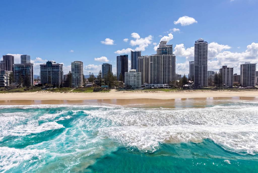 Aerial view of Viscount on the Beach among beachfront Surfers Paradise apartment towers