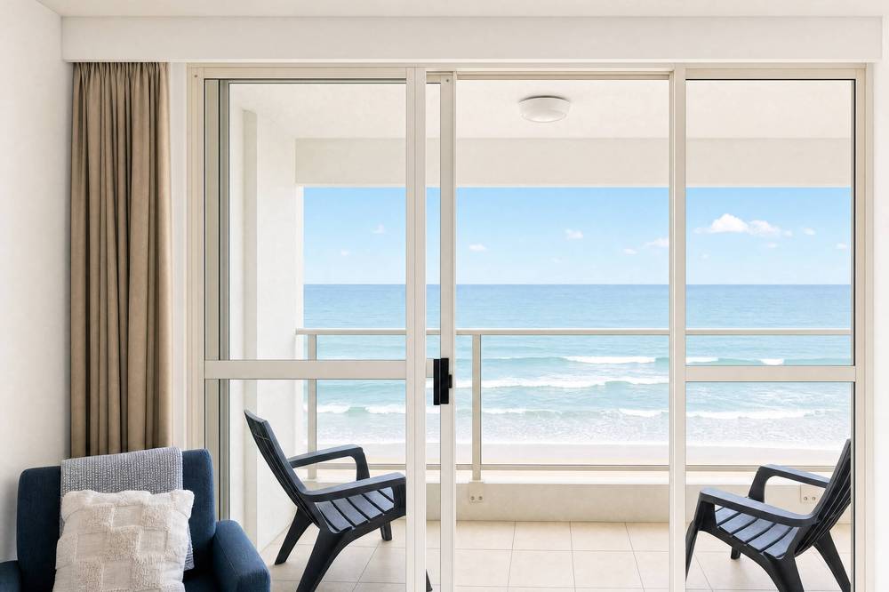 Apartment 23, bedroom with balcony beach view
