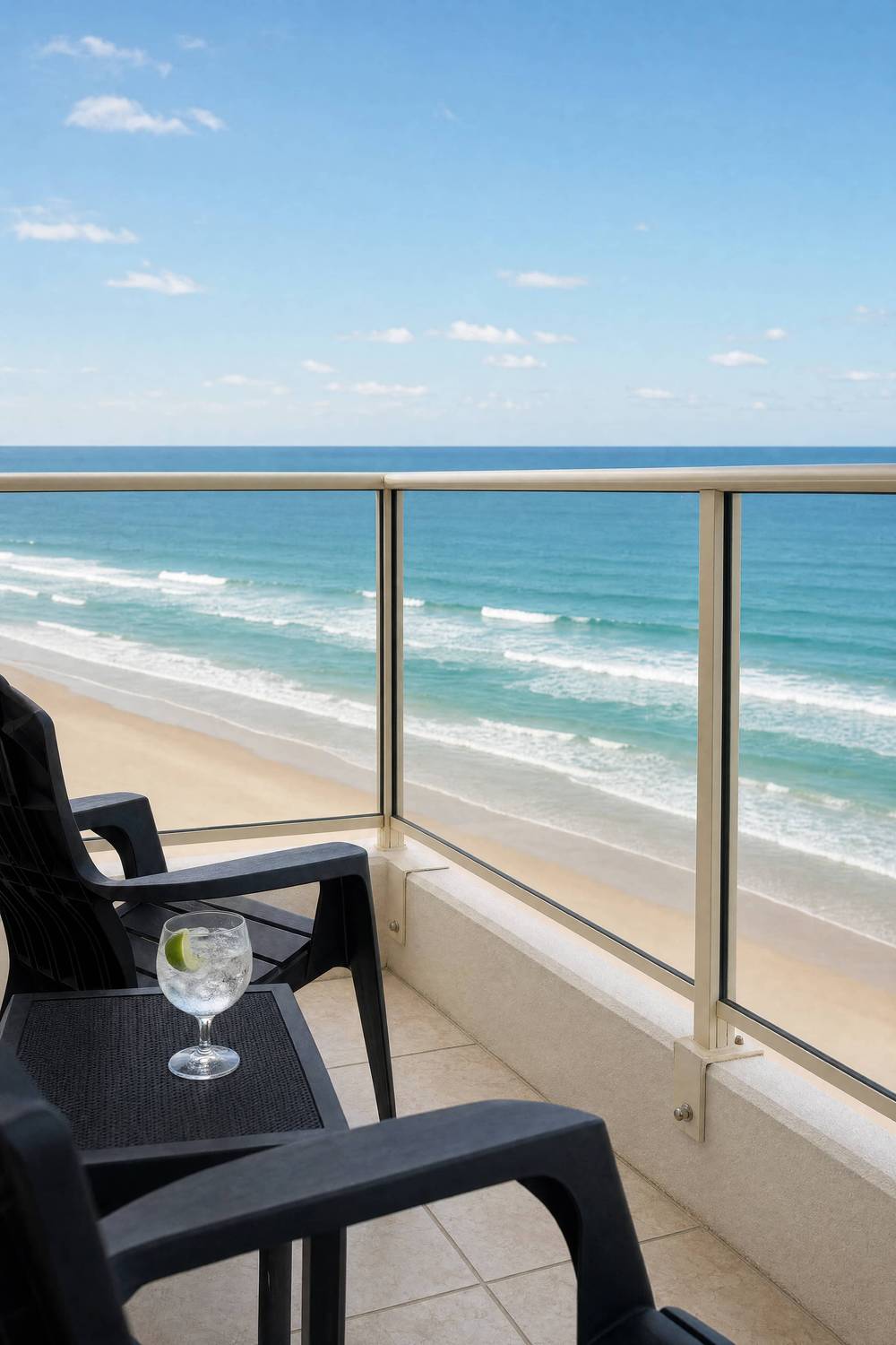 Ocean-view balcony chair in a Viscount apartment