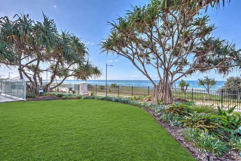 Landscaped grounds with large palm trees and ocean view