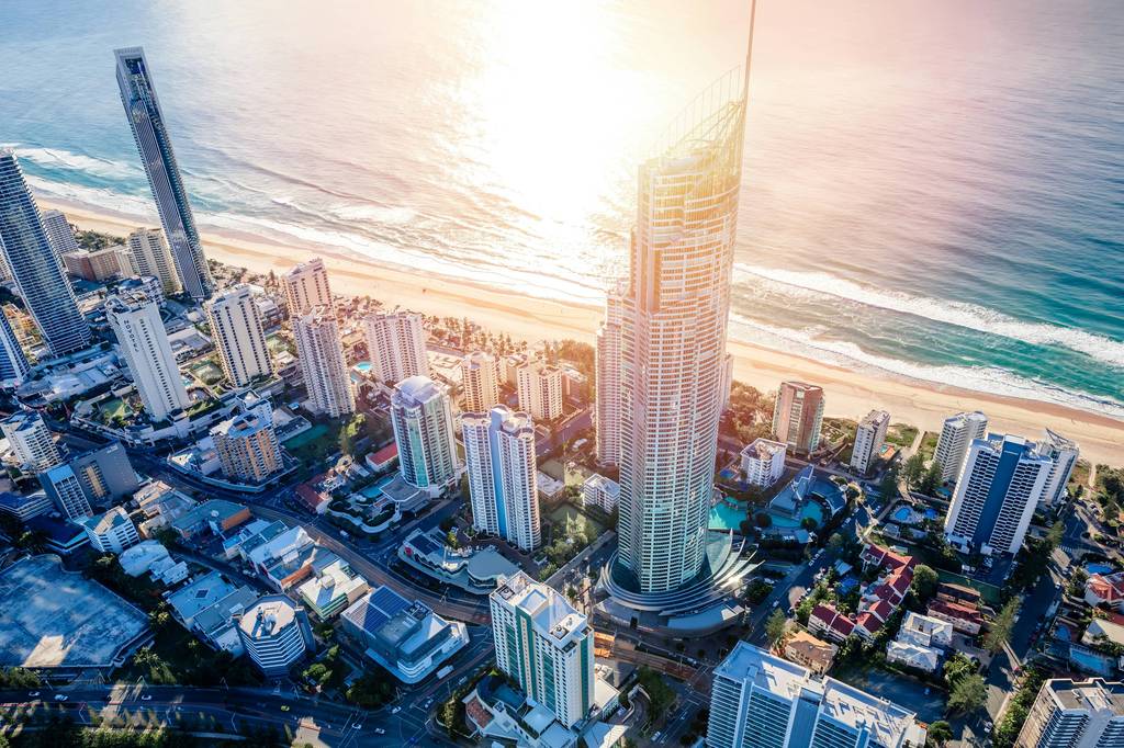 Skyline of Surfers Paradise behind beachside palm trees